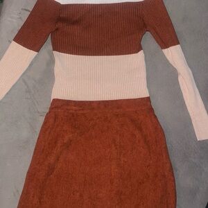 Ribbed Two-Tone Knit Sweater And Corduroy Skirt Set in Rust and Cream
